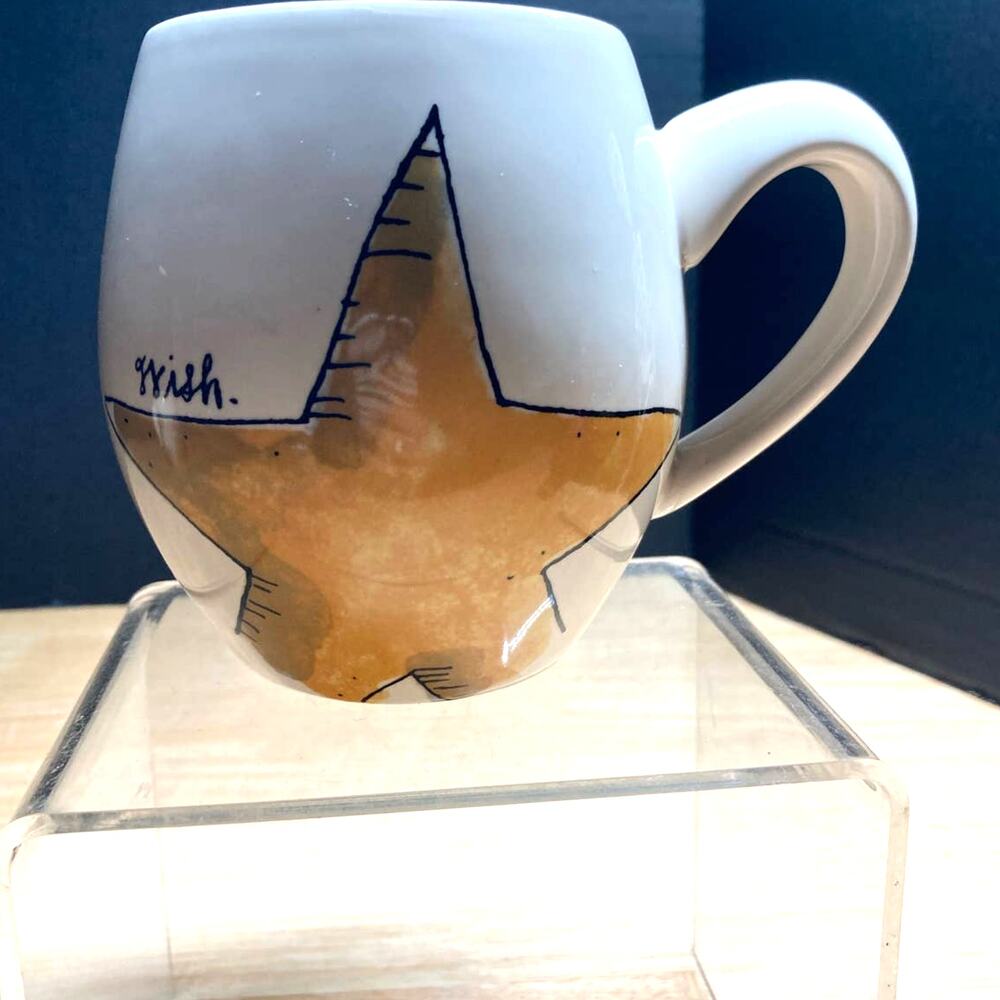 Rae Dunn 'Wish' 'All is Bright' White Gold Black Coffee Mug Pre-Owned